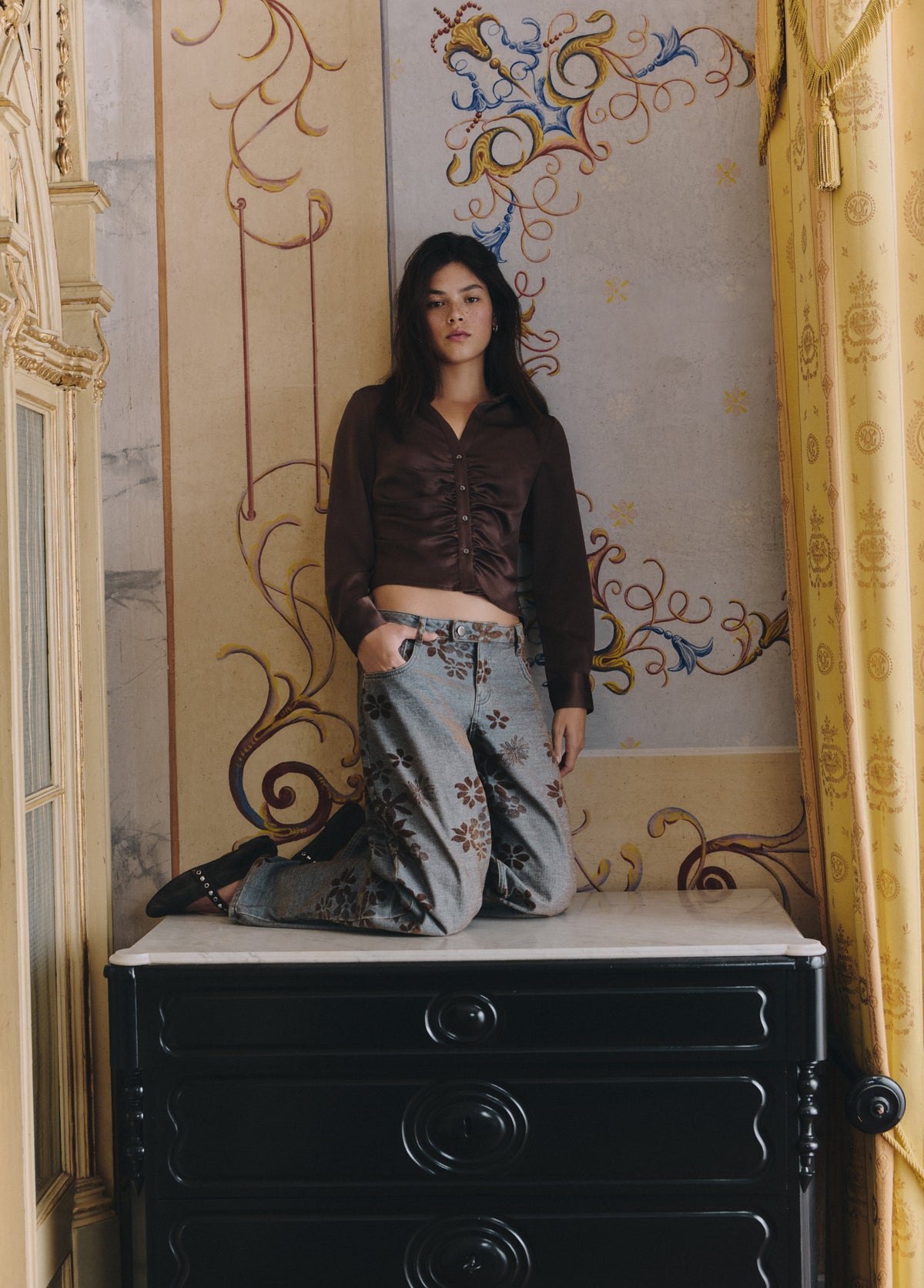 Jeans jacquard flores