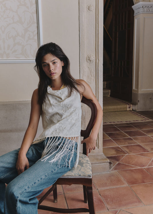 Top jacquard con flecos