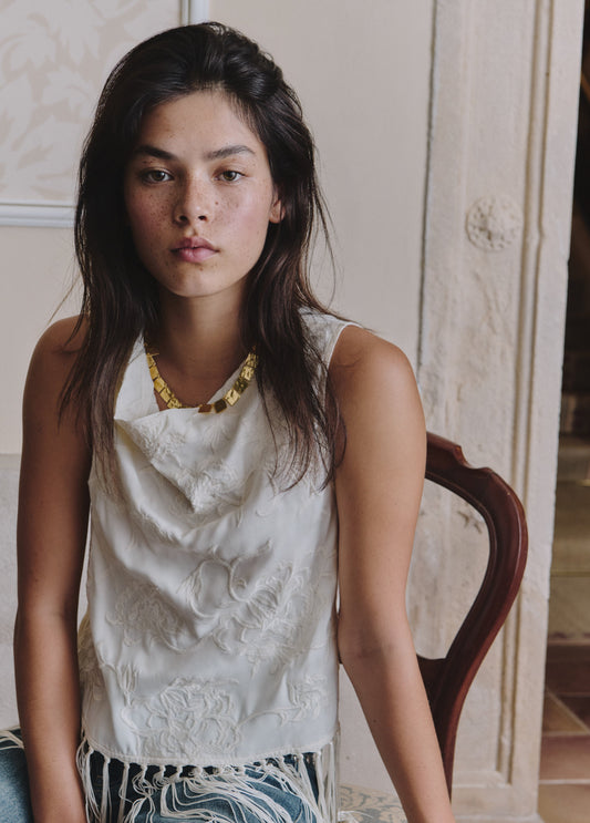 Top jacquard con flecos