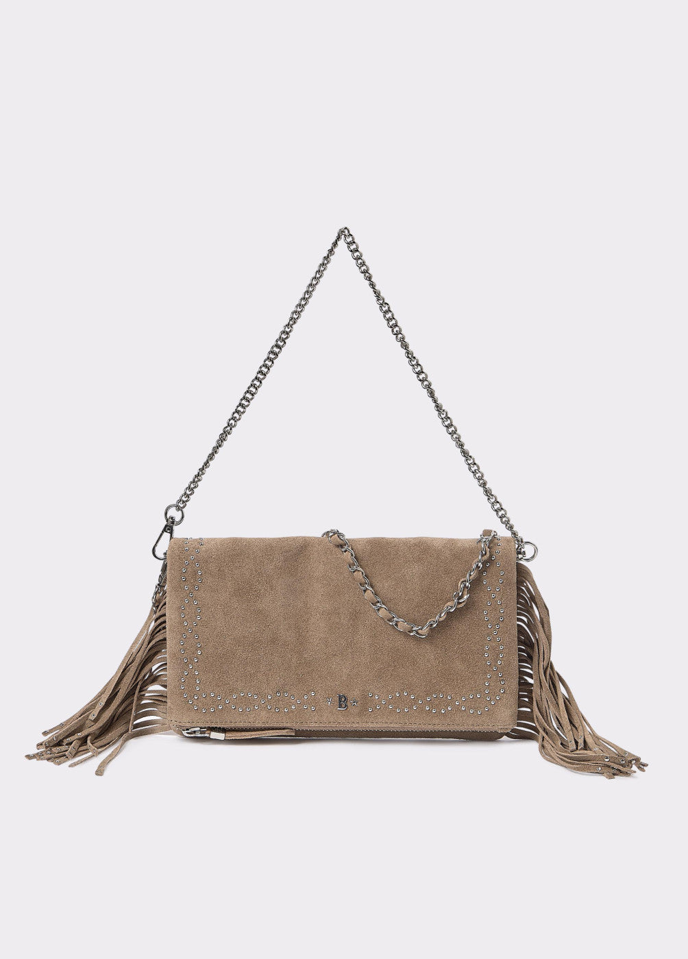 Bolso piel solapa tachitas flecos