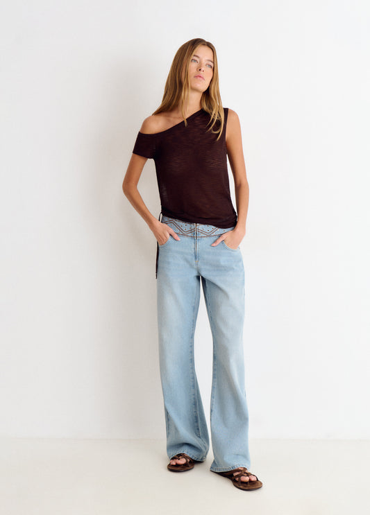 Pantalón cintura ancha bordada