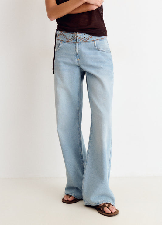 Pantalón cintura ancha bordada