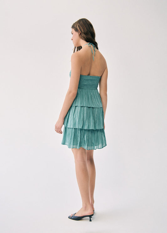 Vestido off-shoulder brillo