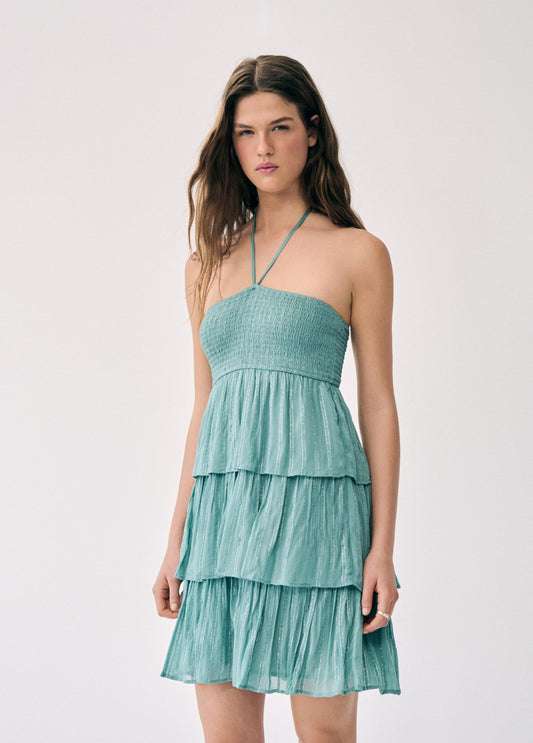 Vestido off-shoulder brillo