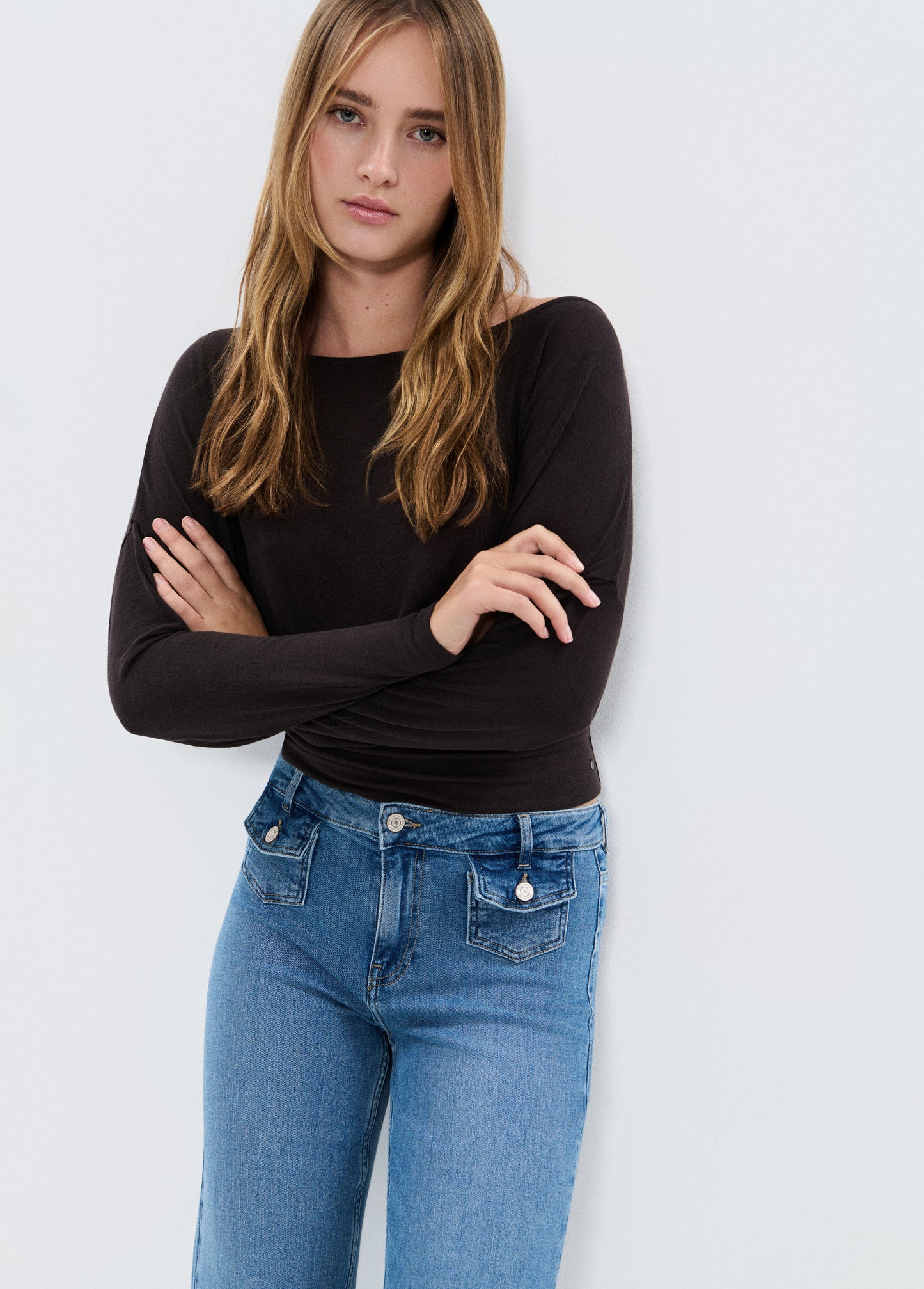 Jeans campana bolsillos frontales azul medio