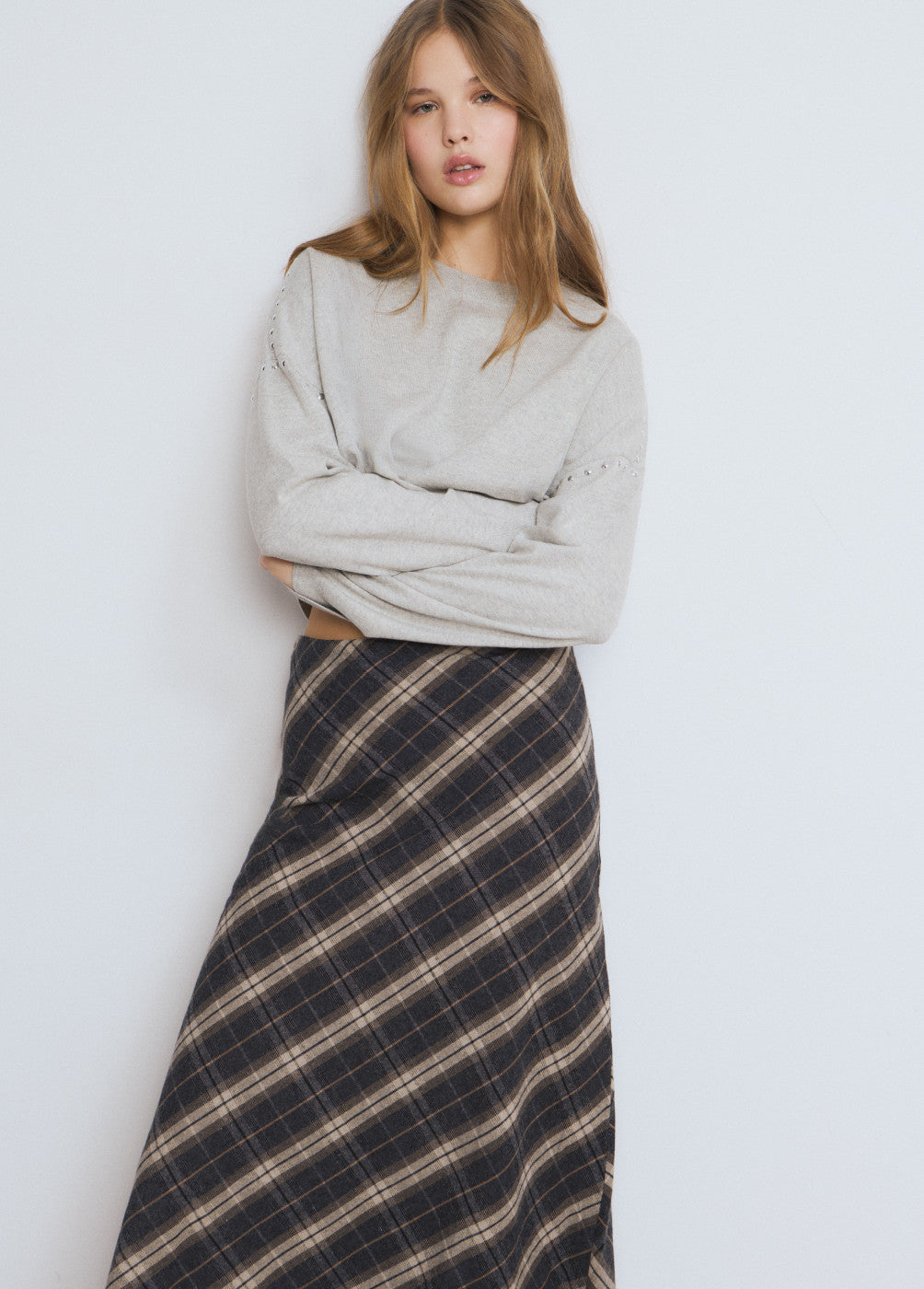 Falda larga cuadros gris