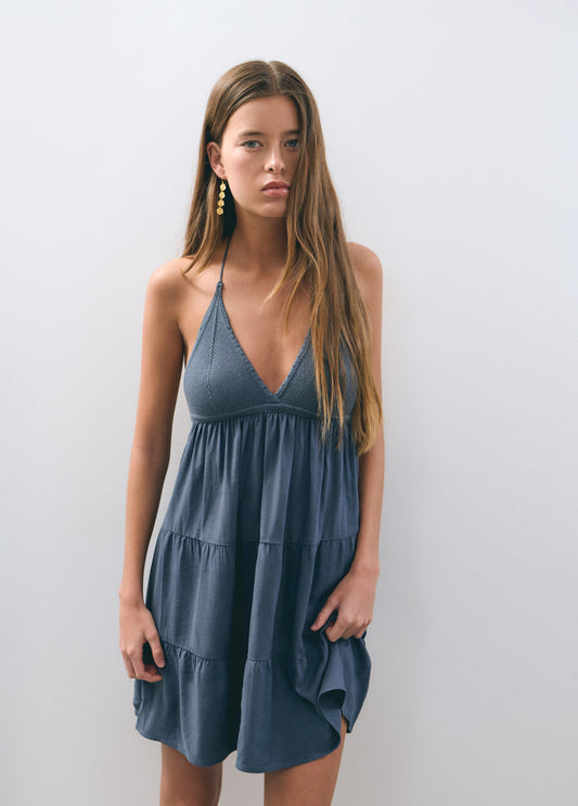 Vestido halter lino tricot bordado