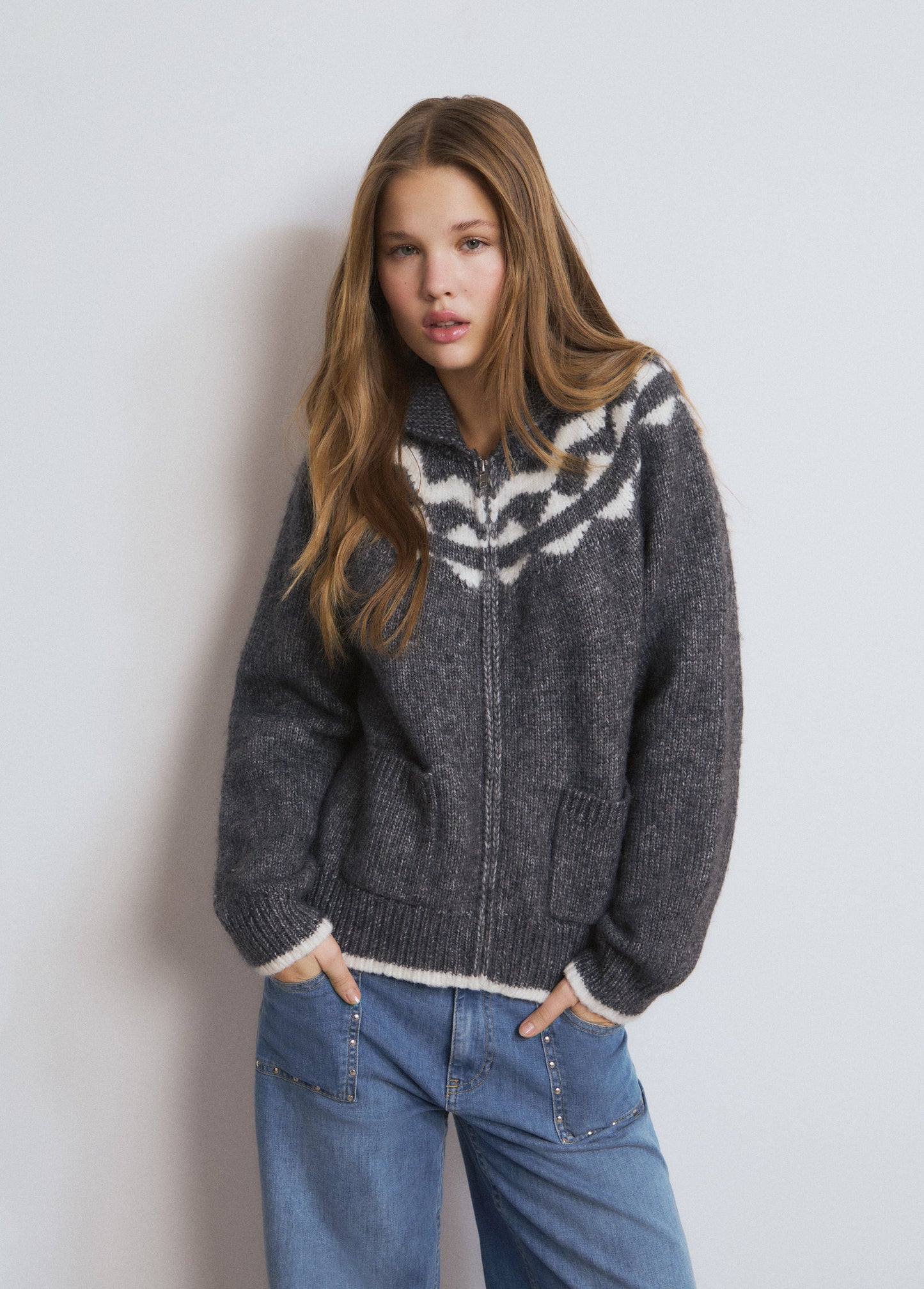 Chaqueta jacquard cremallera gris