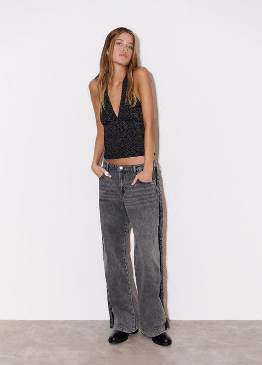 Jeans flecos lateral