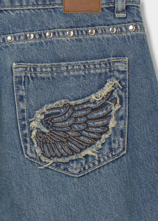 Jeans recto alas bordadas