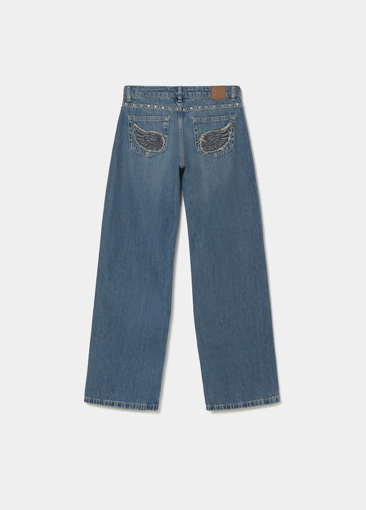 Jeans recto alas bordadas