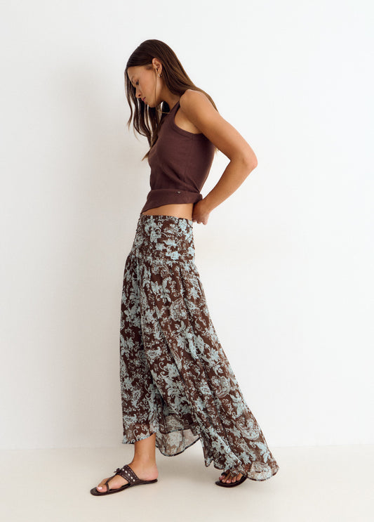 Falda larga cintura smock estampado