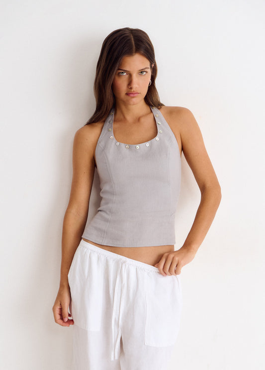 Top halter lino botones nácar
