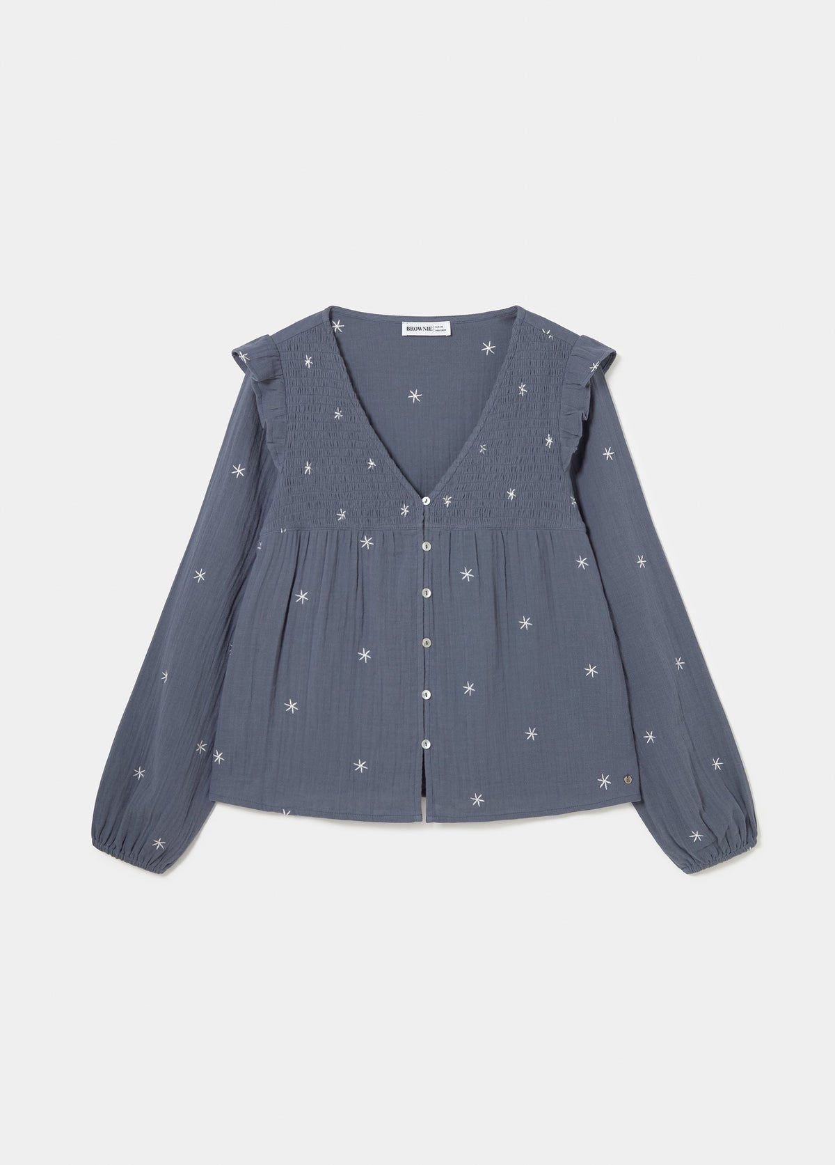 Blusa manga larga dobby escote pico