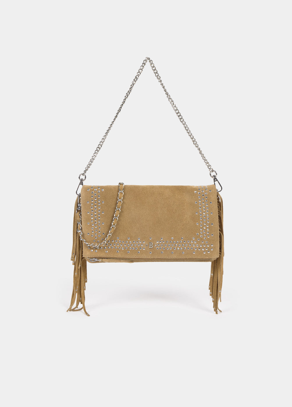 Bolso solapa tachitas flecos piel