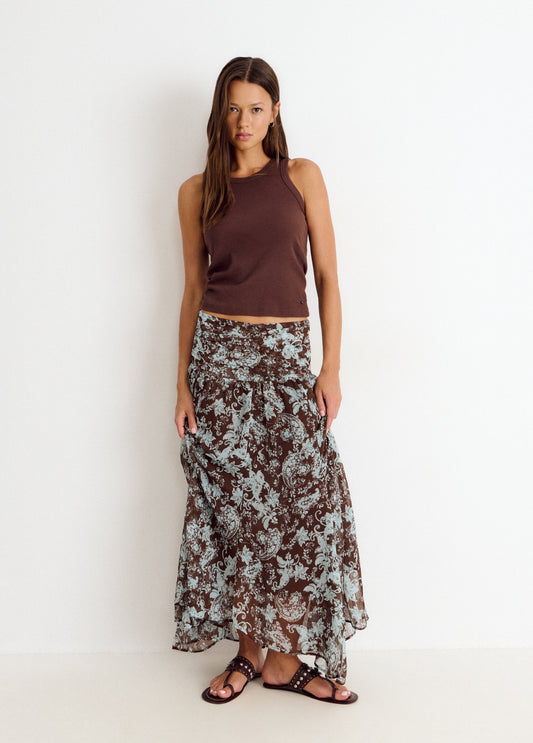 Falda larga cintura smock estampado