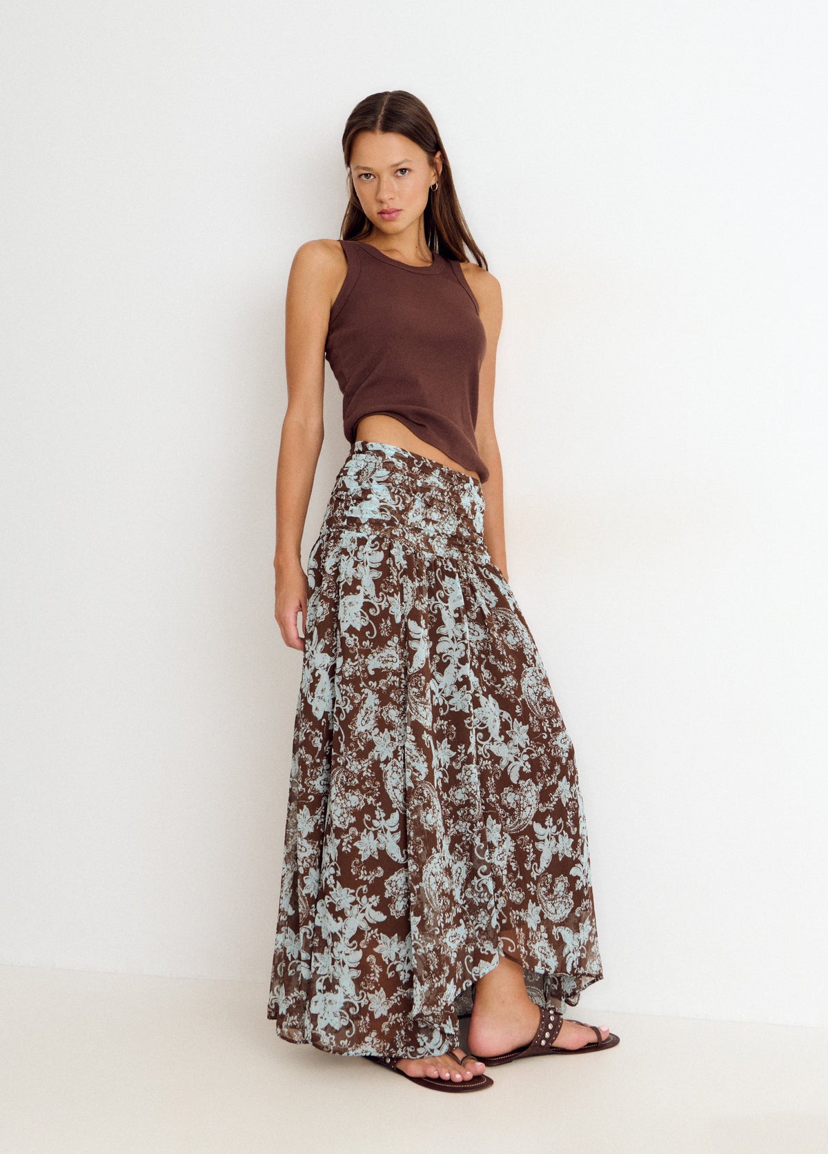 Falda larga cintura smock estampado