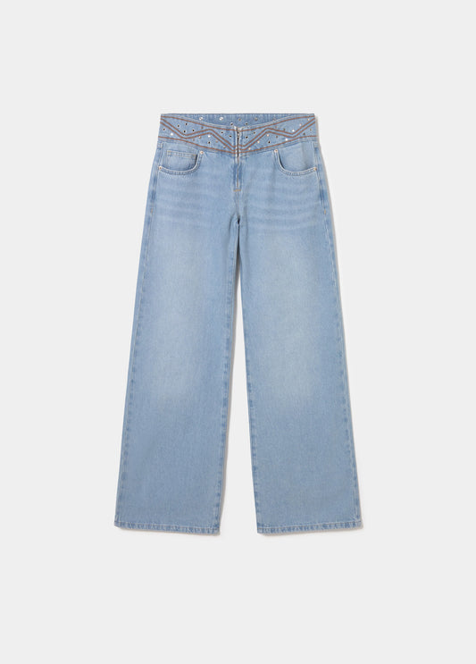 Pantalón cintura ancha bordada