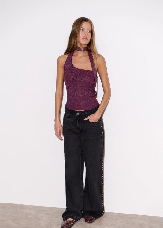 Top punto lazada cuello granate