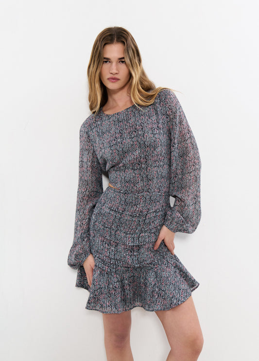 Vestido cut out estampado lurex