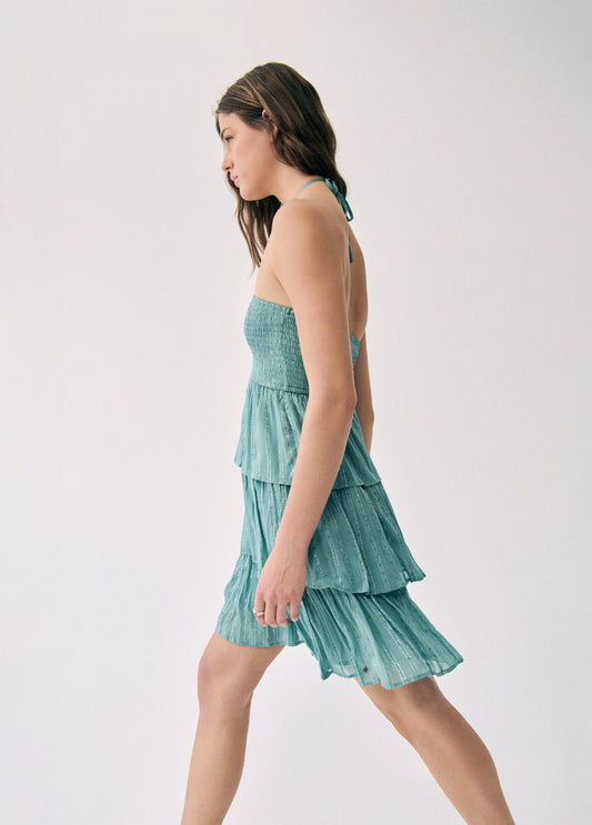 Vestido off-shoulder brillo